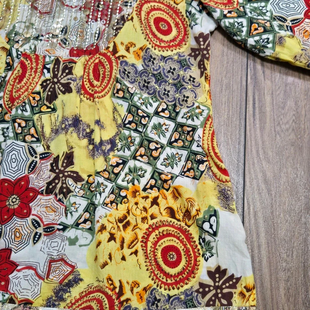 Globus Yellow Patchwork Sequin Embellished Tunic Top Kurti XL Boho V-Neck